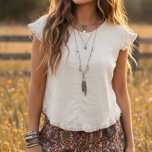 DUNES Vintage Cream Ruffle Sleeveless Coastal Cowgirl Boho Chic Top Lagenlook